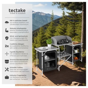 Faltbare Tectake Campingküche XXL mit Alugestell, 5 Fächer, wetterfest, 172x52x104 cm, schwarz.