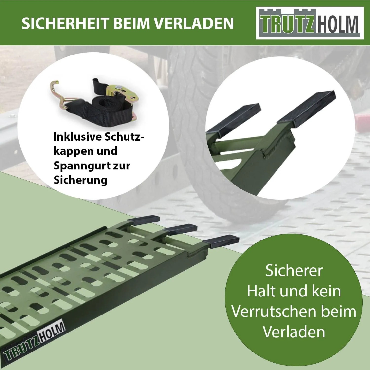 TRUTZHOLM Auffahrrampe klappbar, olivgrün, gelocht, mit Spanngurt und gummierten Schutzkappen für sicheres Verladen.