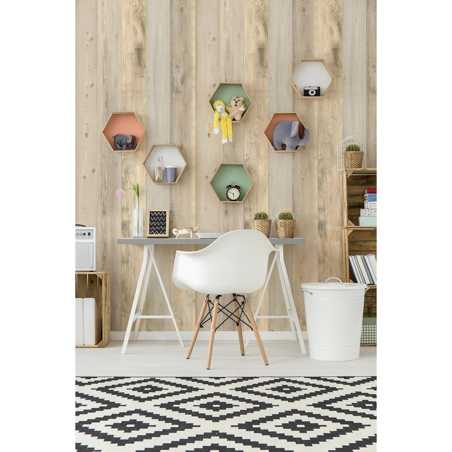 Grosfillex Wandverkleidung Element 3D Optik Nordic im Raum mit Schreibtisch und Deko.