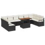 Schwarzes 11-tlg. vidaXL Garten-Sofa-Set aus Poly Rattan mit Tisch und cremefarbenen Kissen.