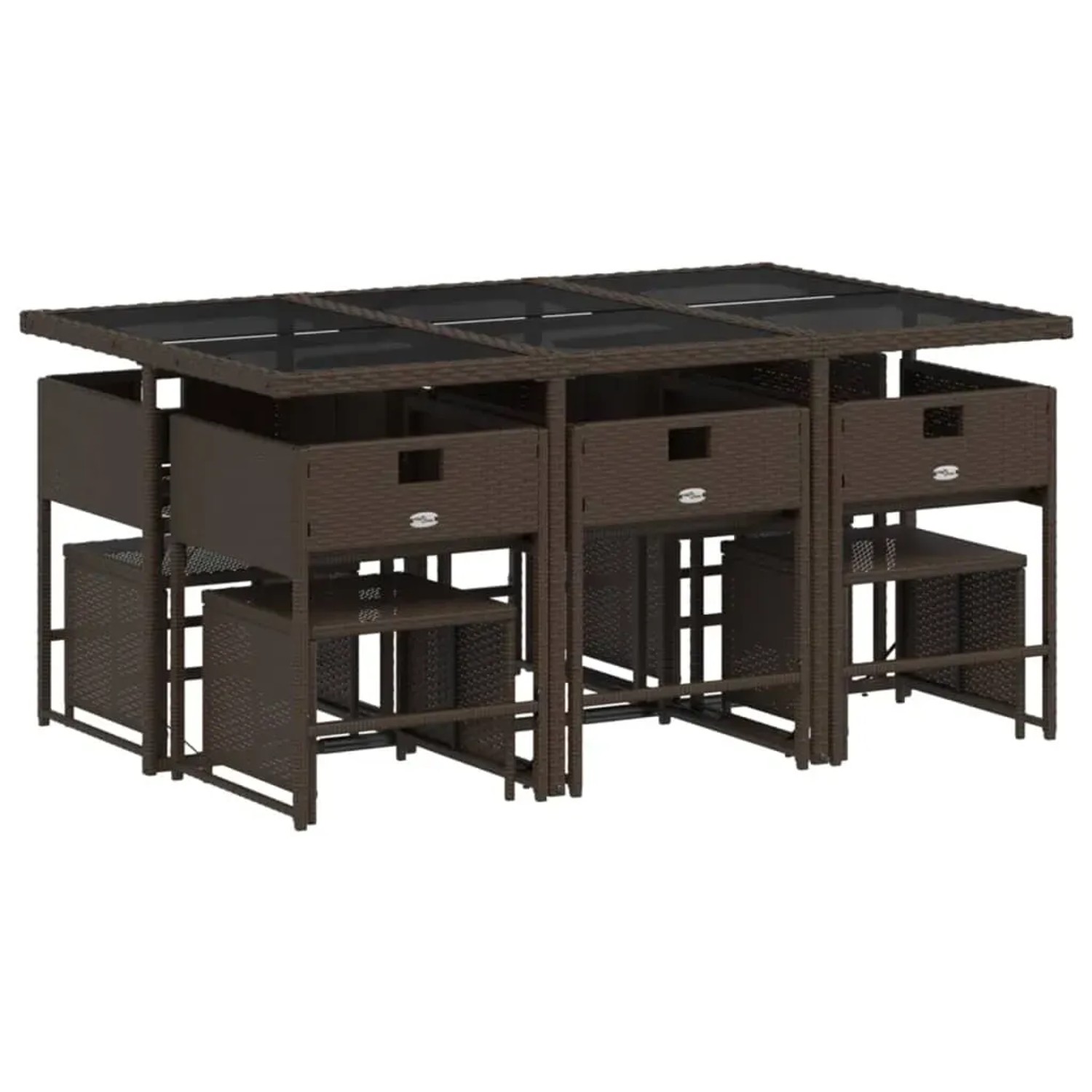 Braune 11-tlg. vidaXL Garten-Essgruppe aus Polyrattan mit Tisch, Stühlen, Hockern und Kissen.