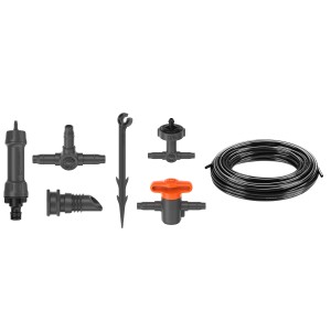 Gardena Tropfbewässerung Set Balkon für 15 Pflanzen, bestehend aus Basisgerät, Verteilerrohr, Ventilen, T-Stücken, Stopfen und Tropfern.