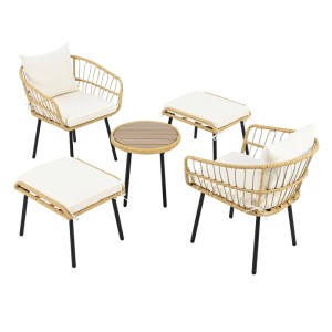 PXloue 5 Teiliges Garten Lounge Set aus Rattan mit Tisch 2 Stühlen und 2 Hockern für Terrasse Balkon