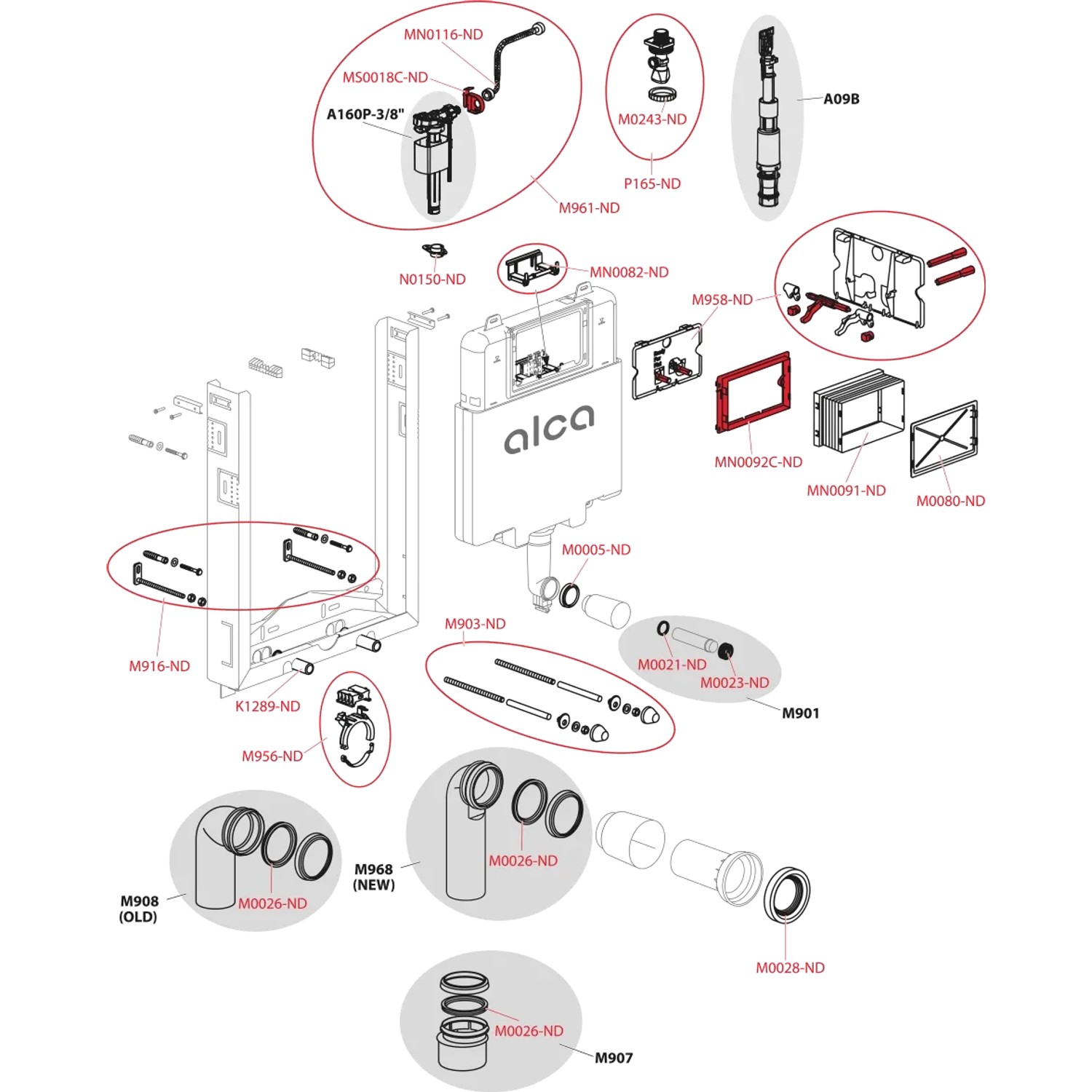 Alcadrain AM1115/1000 Renovmodul Slim Vorwandinstallationssystem. Explosionszeichnung der Einzelteile für Einmauerung.