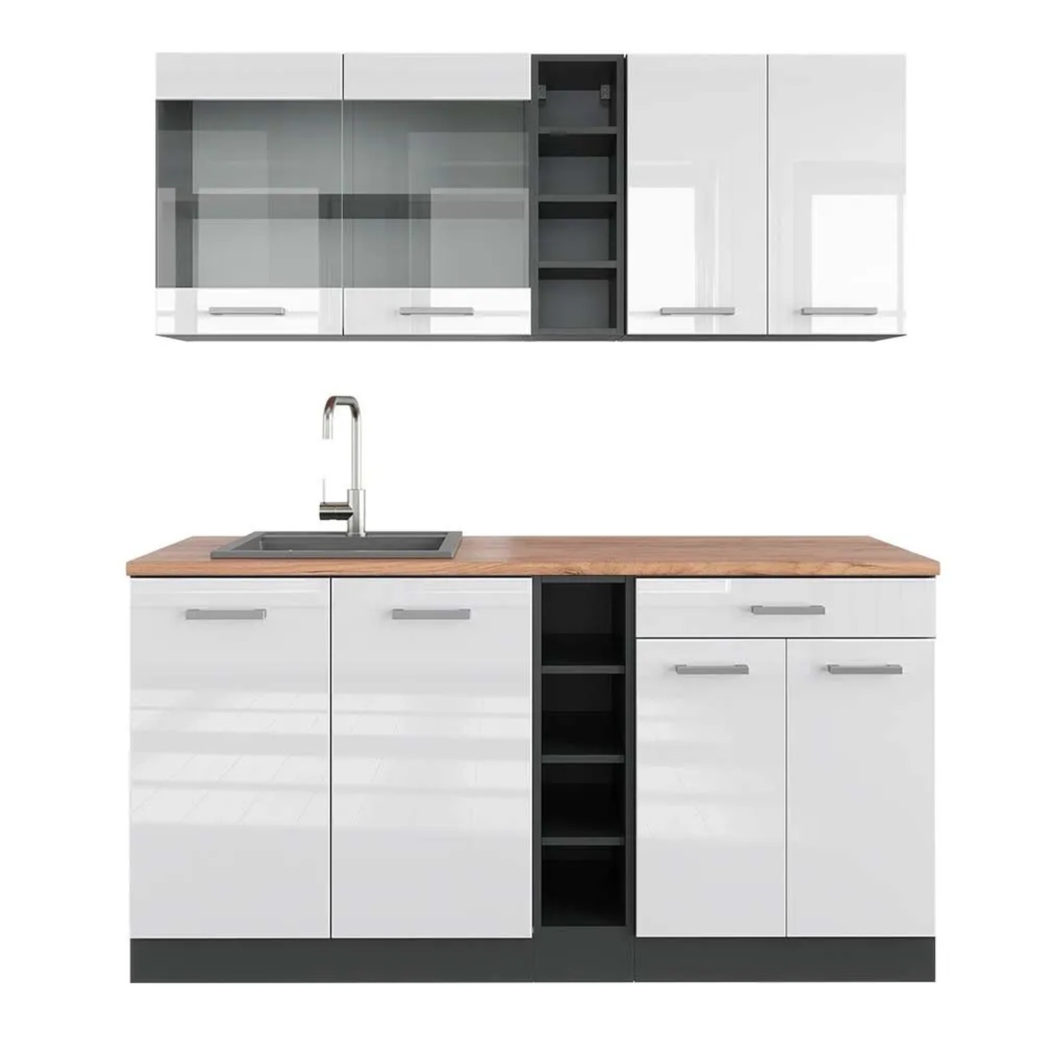 Vicco R-Line Singleküche Weiß Hochglanz Anthrazit 160 cm AP Eiche ohne E-Geräte