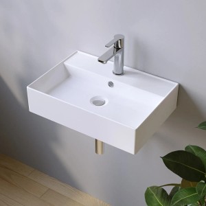 Rechteckiges, weißes Aquabatos Aufsatzbecken aus Keramik mit Armatur für Bad oder Gäste-WC.