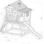 Skizze des Axi Max Spielhaus Braun-Weiß mit Rutsche und Sandkasten, Maße eingezeichnet.