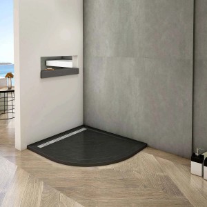 Schwarze AICA Runddusche 80x80 cm mit Stein-Effekt, flache Duschwanne für Viertelkreis-Duschkabine.