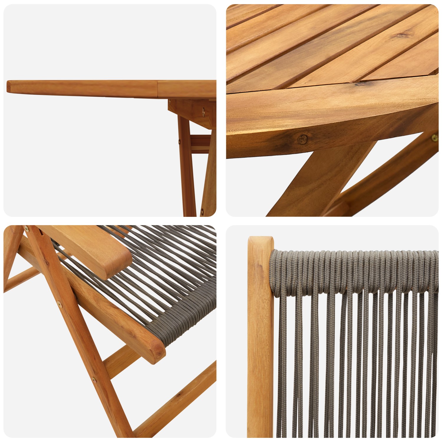 Detailansicht vidaXL Garten-Essgruppe: Akazienholz Tischplatte, graues Poly Rattan an Stühlen.