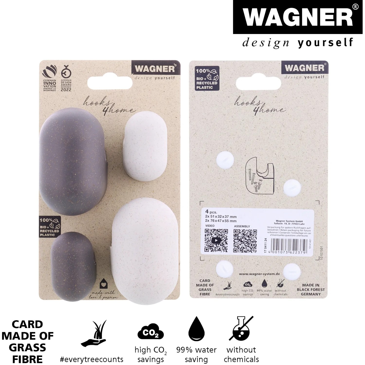 Wagner Wandhaken-Set Pill, 4 Haken aus Bio-Kunststoff in Schiefergrau und Lichtgrau.