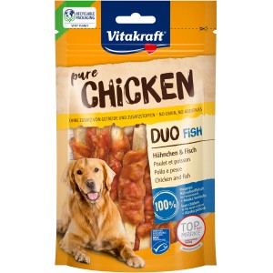 Vitakraft Pure Duo Hühnchen und Fisch für Hunde, 80g Packung Hunde-Kaustreifen mit Hühnchen und Fisch.