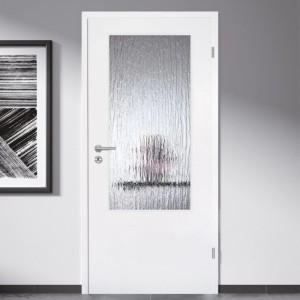 Weiße Zimmertür mit Skyscope Lichtausschnitt ESG Silvit Glas, 41x142cm.