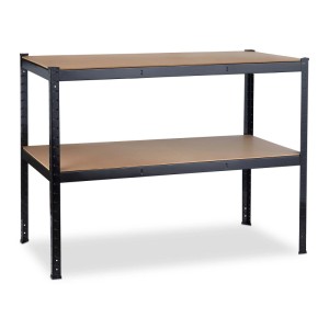 Werkbank von Relaxdays mit 2 Ebenen, Stahl/MDF, schwarz/natur, höhenverstellbar, 90x120x60 cm.
