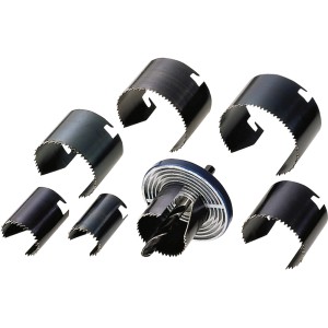 9-teiliges Lochsäge-Set (25-62mm) mit Aufnahmeteller und Zentrierbohrer für präzise Bohrungen in Holz.