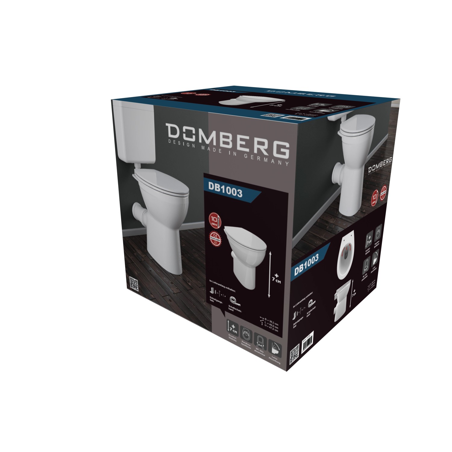 Verpackung des Domberg Stand-WC-Sets DB1003 in Weiß mit WC-Sitz und Zubehör.
