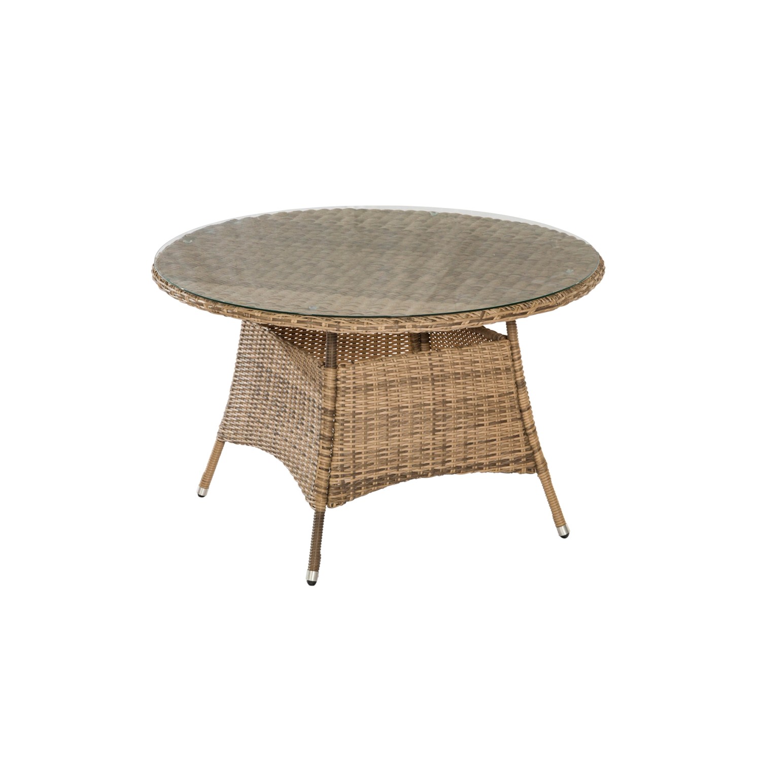 Merxx Riviera Gartentisch, Ø 120 cm, Stahl/Kunststoffgeflecht mit Glasplatte.