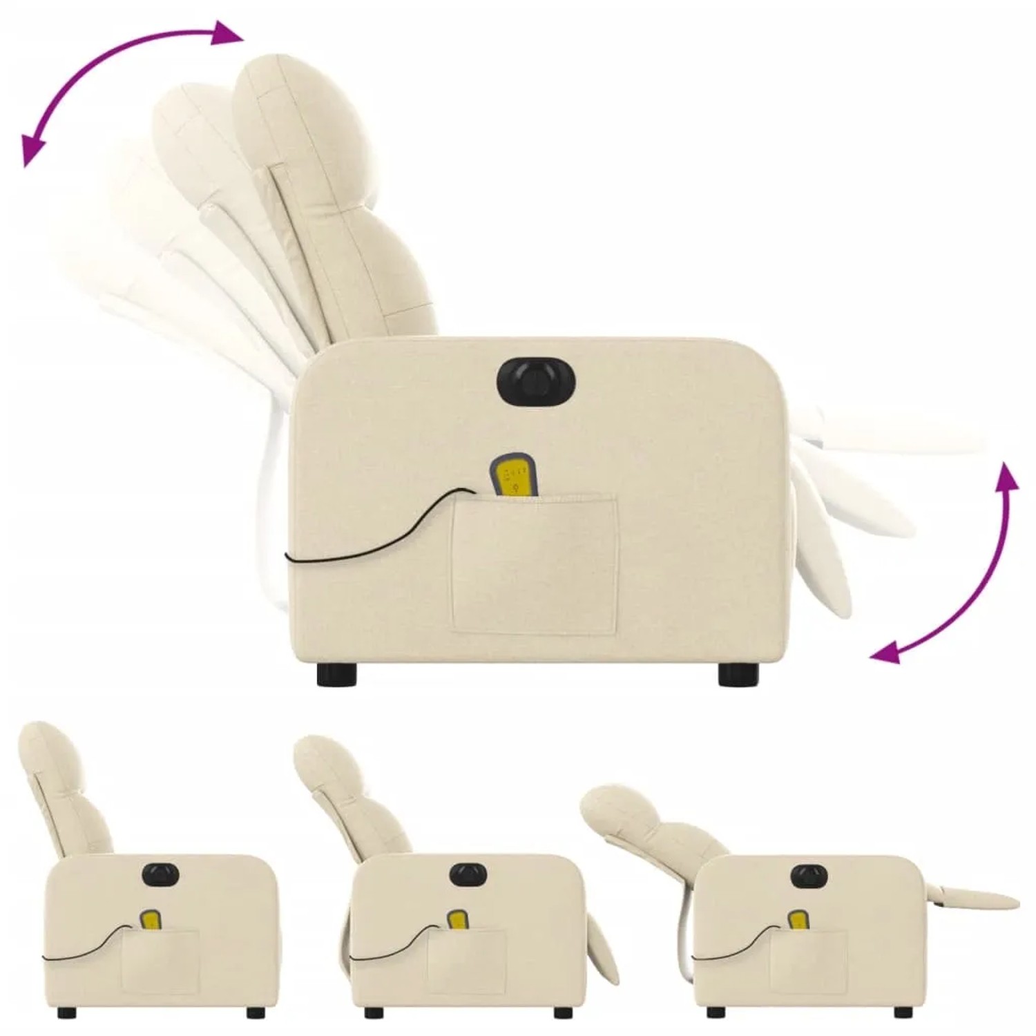 Elektrischer Massagesessel in Creme mit verschiedenen Liegepositionen.
