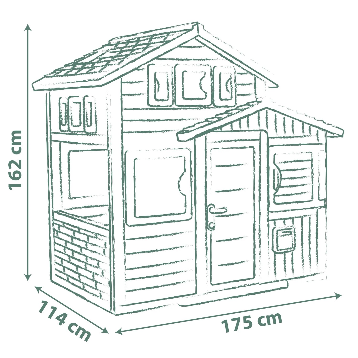 Skizze Smoby Life Spielhaus Evo Friends mit Maßangaben (162x175x114cm).