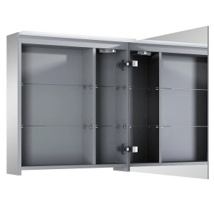 Roca Spiegelschrank Premium, 60 cm breit, mit LED-Panel, Steckdose und Glasablagen.