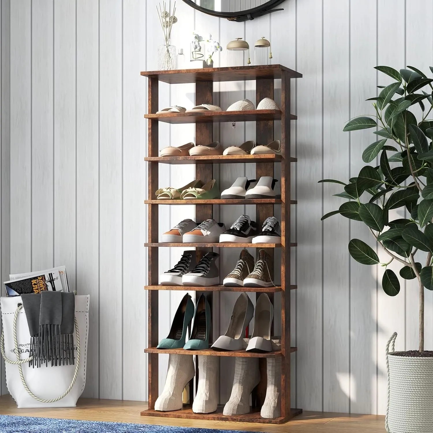 Braunes, hohes 8-stufiges Holz-Schuhregal Costway, flexibel für verschiedene Schuhe. Schuhaufbewahrung.