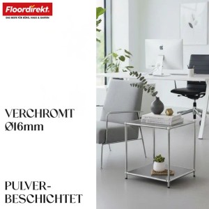 Kompaktes graues Floordirekt Metallregal Concept Epure mit 2 Ablagen, verchromtem Gestell, als Beistelltisch im Büro.