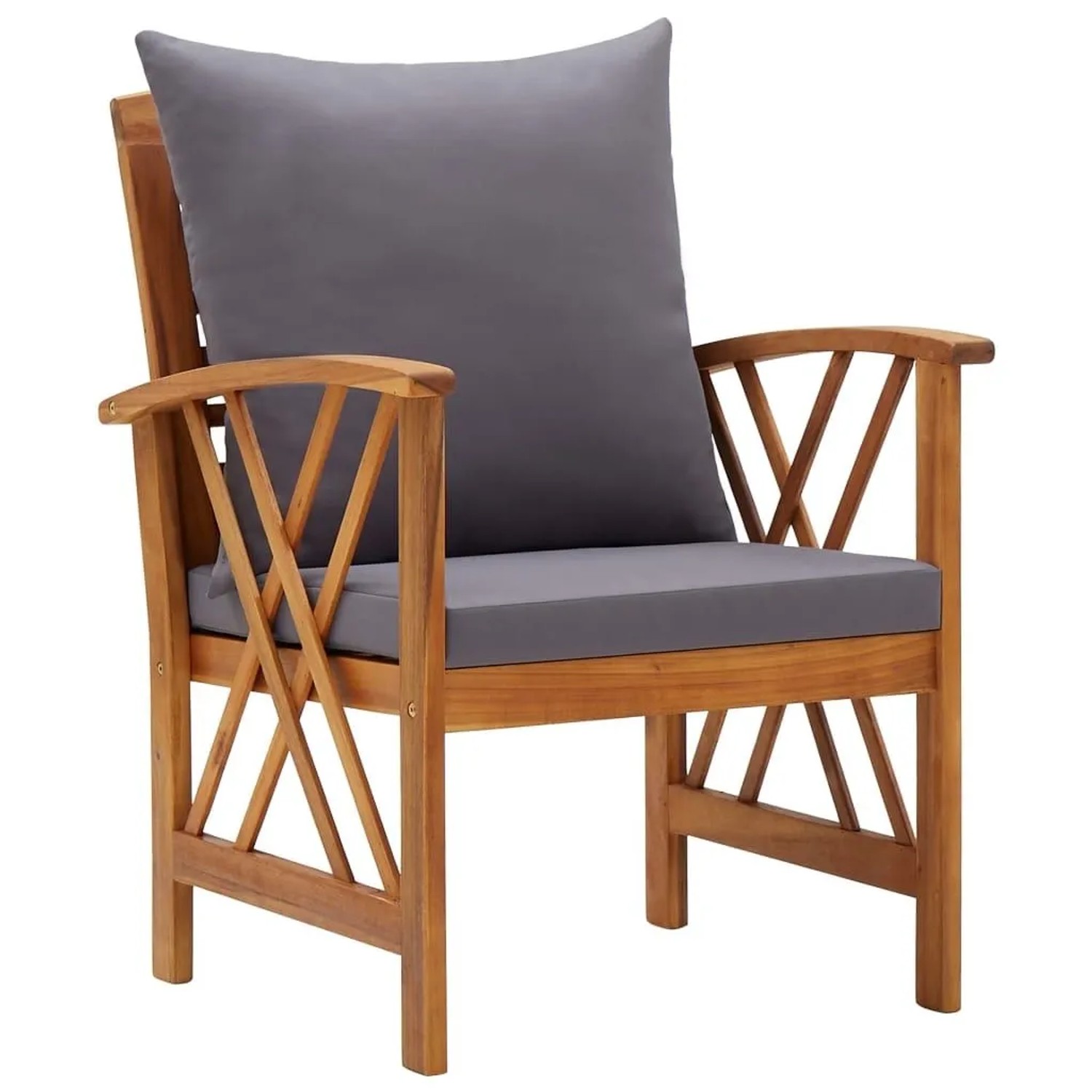 Eleganter Gartenstuhl aus geöltem Akazien-Massivholz mit dunkelgrauen Sitz- und Rückenkissen.
