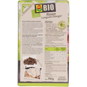 Packung Compo Bio Rosen Langzeit-Dünger mit Schafwolle, 750g. Rosendünger für gesunde Pflanzen und kräftigen Wuchs.