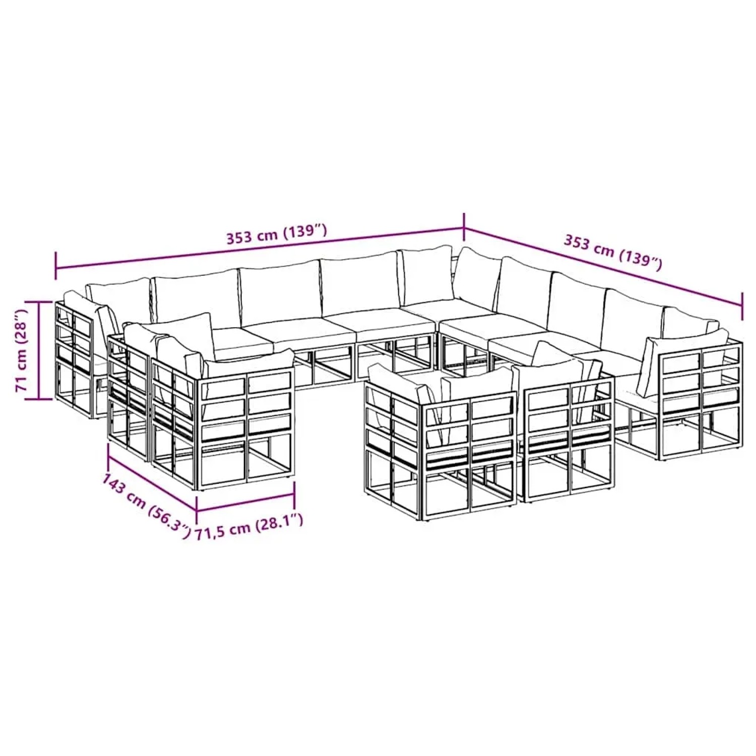 vidaXL Garten-Sofa-Set, 13-teilig, schwarz, Aluminium, mit modularem Design und Kissen.