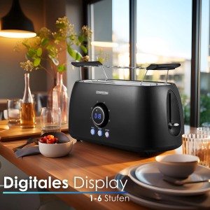 Schwarzer Steinborg 4 Scheiben Toaster mit Digitalanzeige und Brötchenaufsatz.