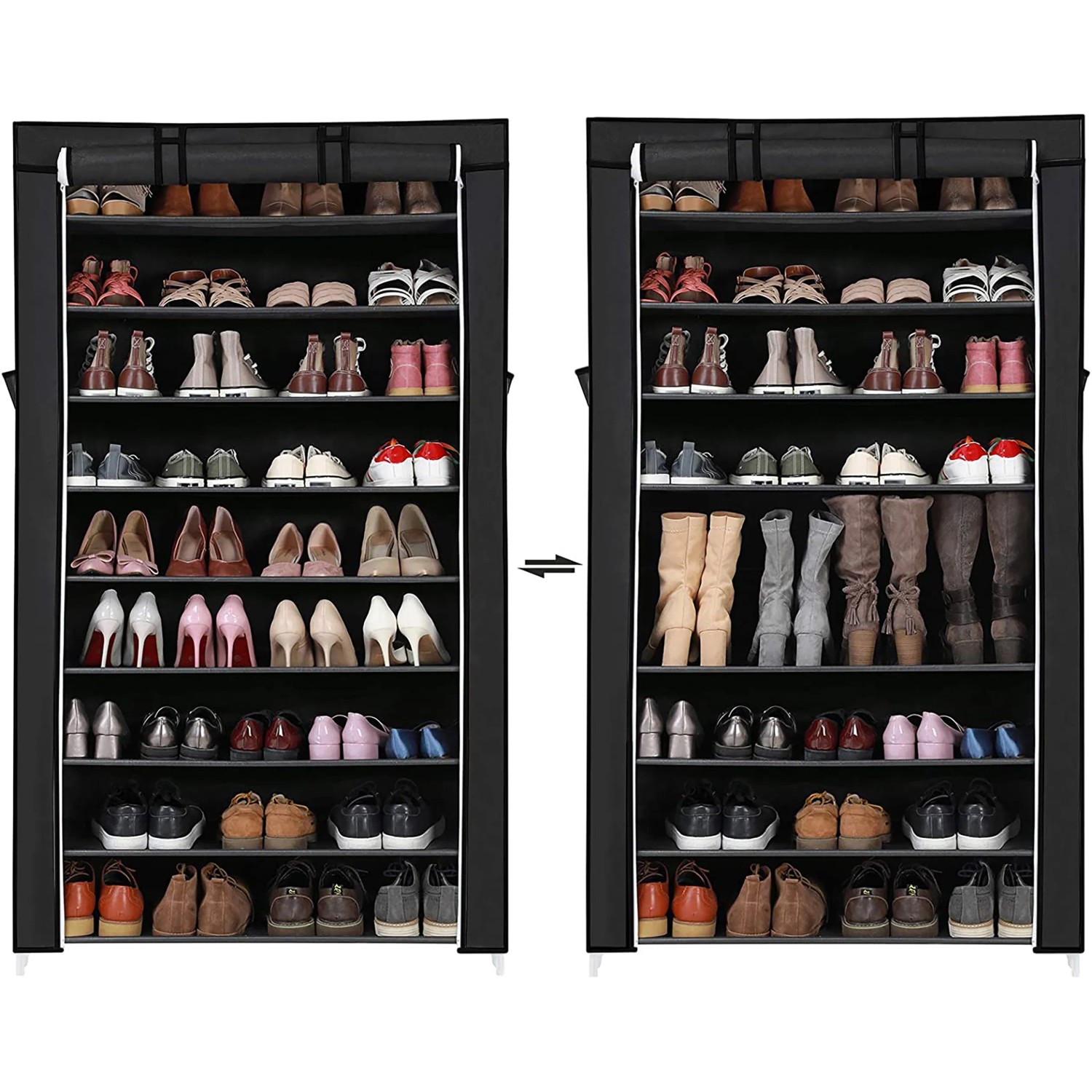Schwarzes Songmics Schuhregal mit 10 Ebenen und Staubschutz für ca. 45 Paar Schuhe.