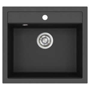 Schwarze Helika Einbauspüle aus Granitverbundstoff, quadratisch, 56x51 cm.
