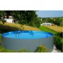 Runder Summer Fun Stahlwandpool, 300x120cm, anthrazit, mit blauer Folie und Leiter im Garten.