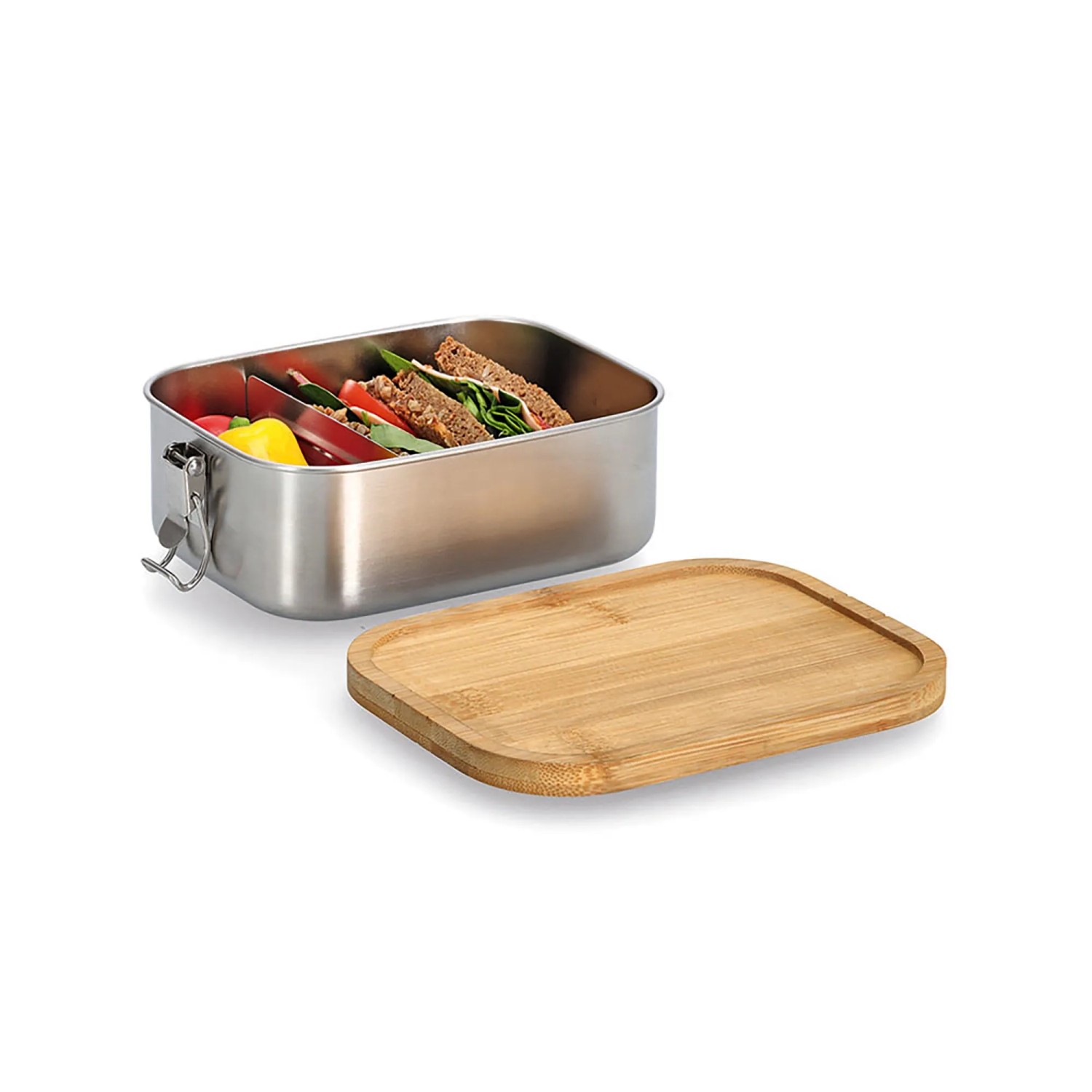 Silberne Zeller Lunchbox aus Edelstahl mit Bambusdeckel und Clipverschluss, gefüllt mit Essen.