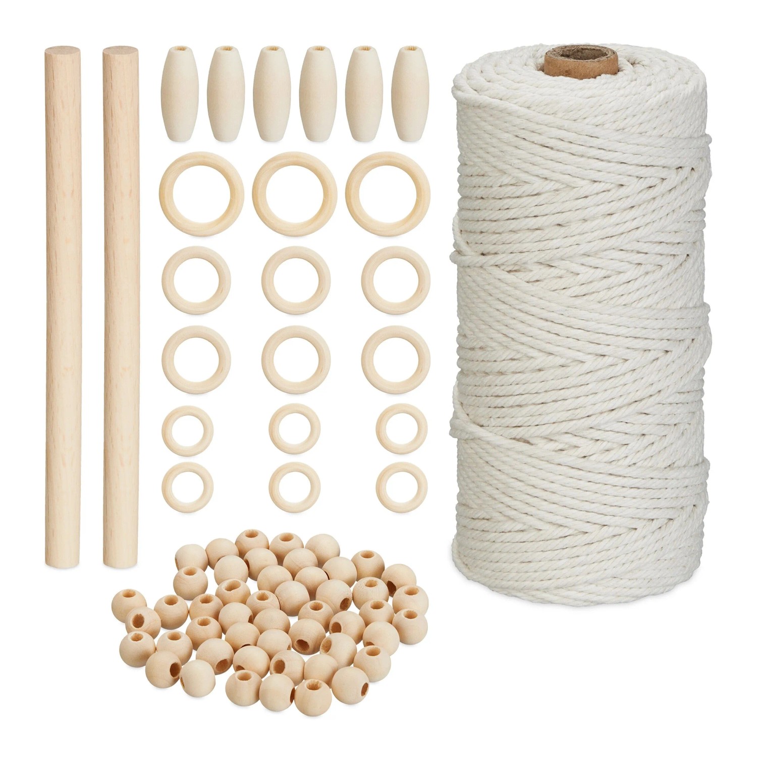 Relaxdays Makramee Set Baumwolle Buchenholz Weiß Natur Vielseitig 109 m