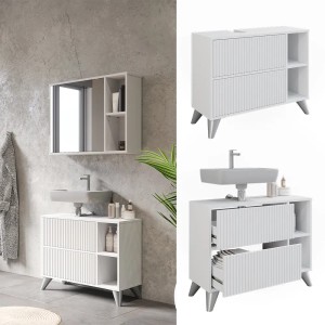 Vicco Waschbeckenunterschrank Leano, weiß, 80 cm breit, mit zwei Schubladen und seitlichen Regalen.