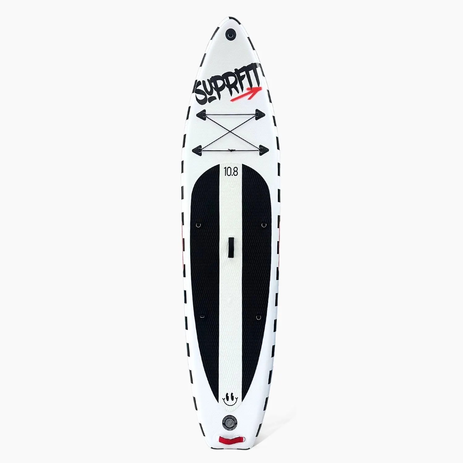 Weißes Suprfit SUP Board 10'8 mit schwarzem Design, Anti-Rutsch Deckpad und Gepäcknetz für Wassersport.