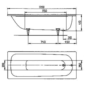 Technische Zeichnung Kaldewei Saniform Plus Rechteck-Badewanne 170x70 cm mit Maßangaben.