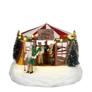 Luville LED Après Ski Bar Weihnachtsdekoration: beleuchtete Winterszene mit Figuren, Schnee und rot-weißem Zelt.