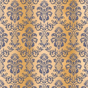 Gold-blaue Barock Tapete mit Ornamenten für Wohn- und Esszimmer.