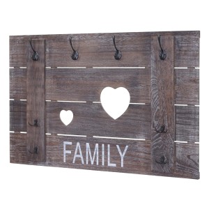 Wandgarderobe C89 Family im Shabby-Look Braun mit Haken und Herz-Ausschnitten.