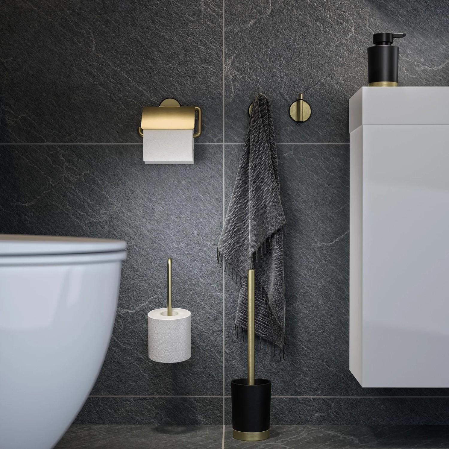 Gatco Latitude II Toilettenpapierhalter Freistehend - Gebürstetes Messing, Kein Bohren Nötig