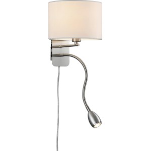 Weiße Trio Wandleuchte mit Stoffschirm und flexiblem Lesearm in Nickel-Optik.