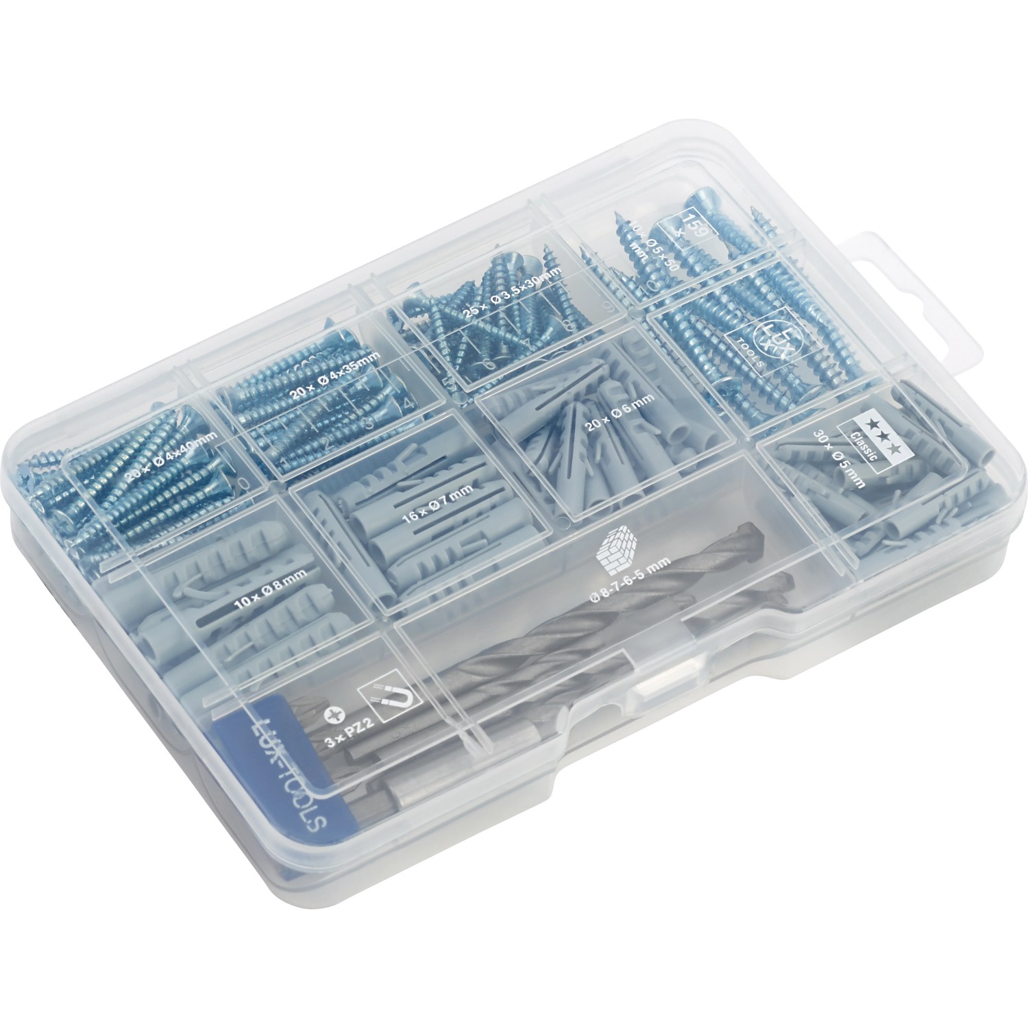 LUX Dübel-Set, 159-teilig, mit Dübeln, Schrauben und Bohrern in Sortierbox.