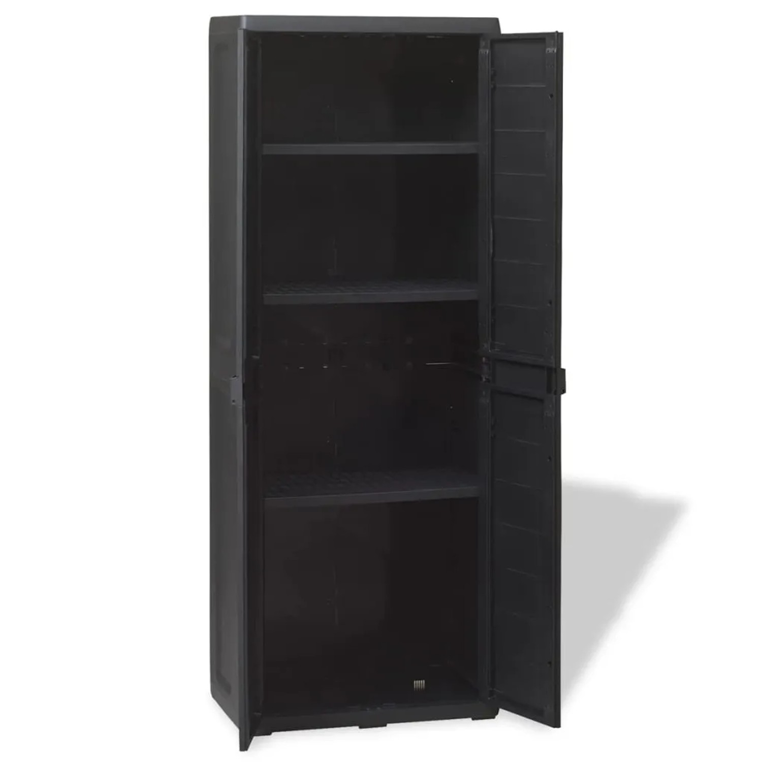 Schwarzer vidaXL Gartenschrank mit 3 Regalen, Tür geöffnet.
