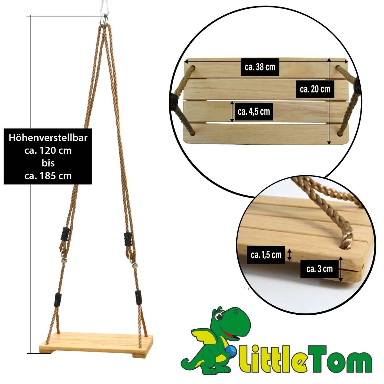 LittleTom Brettschaukel, naturfarben, höhenverstellbar. Holzschaukel für Kinder, belastbar bis 100 kg.