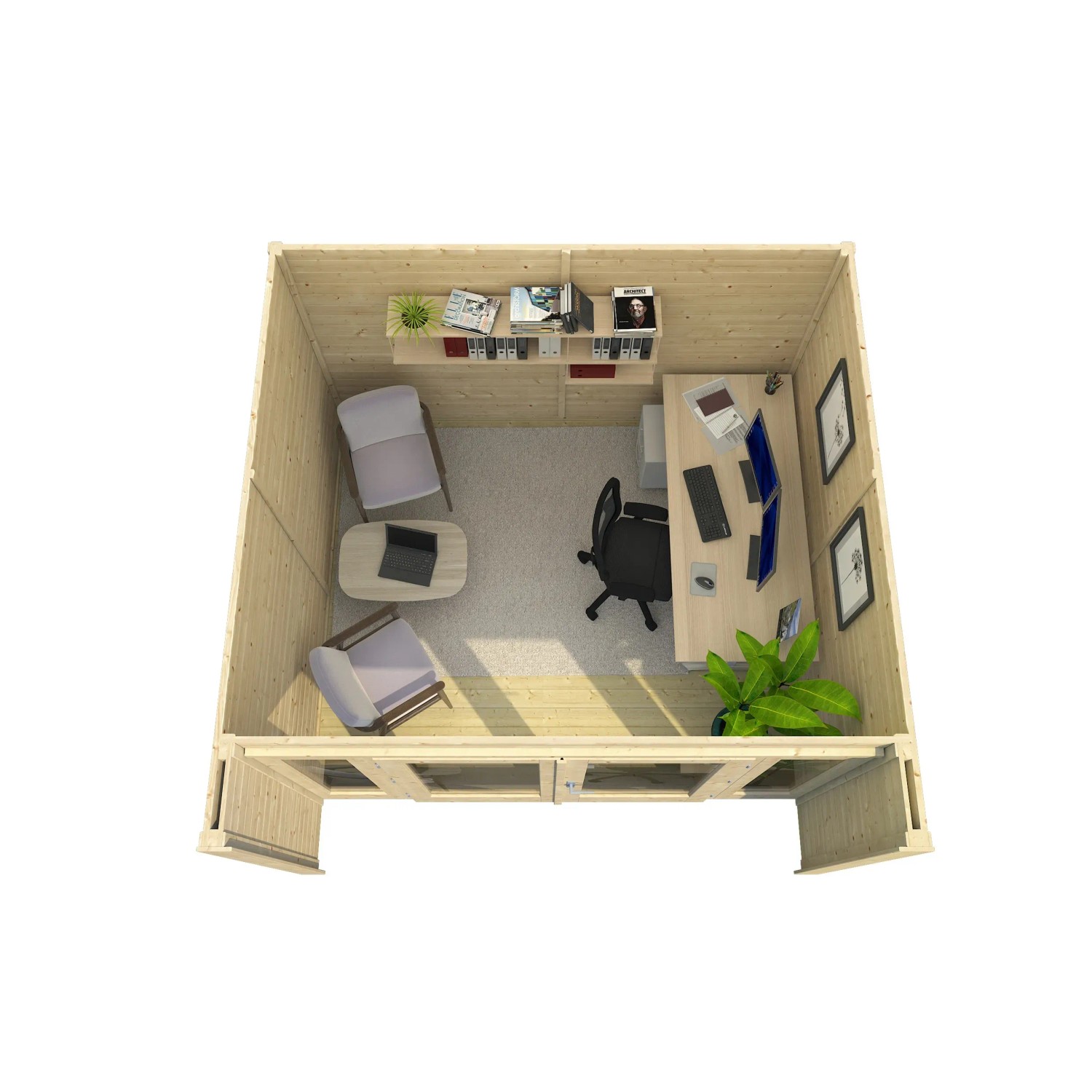 Innenansicht Weka Holz-Gartenhaus Flachdach, eingerichtet als Büro mit Möbeln und Pflanzen.