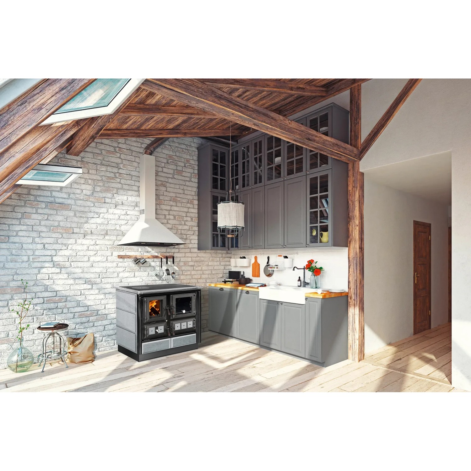 Justus Küchenofen Rustico 90 2.0 Speckstein Schwarz 7 kW in grauer Küche mit Esse