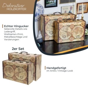 HMF VKO104 Vintage Vintage Koffer Truhe Holzkiste Holz 2er Set Versch Größen Deko Weltkarte Farbe