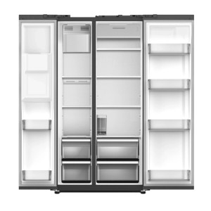 Offene Wolkenstein Side-by-Side Kühl-Gefrierkombination WSBS556NFICMEIX im Inox-Design mit Fächern und Schubladen.