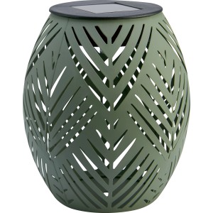 Khaki Solar-Tischleuchte mit Blattmuster, Ø 12,5 cm, für stimmungsvolle Beleuchtung im Garten.